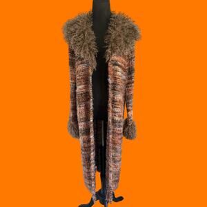 00's vintage orange brown boho fuzzy faux fur penny lane y2k duster L/XL